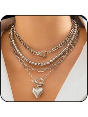 Layered Gold Necklace for Women Non Tarnish Chunky Paperclip Heart Jewelry Set